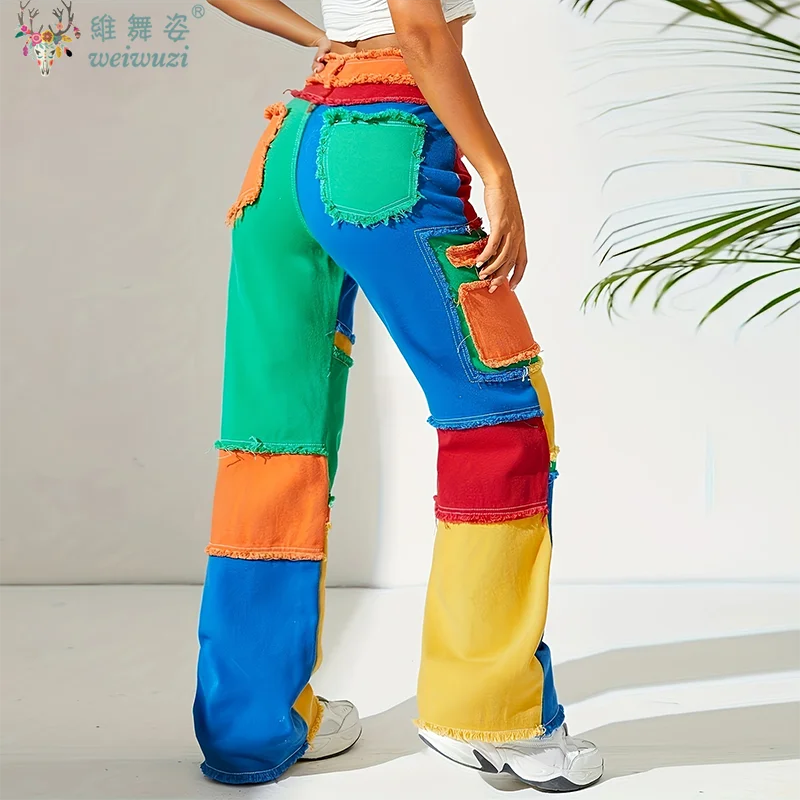Y2K Women Colorful Jeans Distressed Hight Waist Denim Pants Loose Color-blocked Streetwear Energetic Cool HipHop Straight Jeans 2