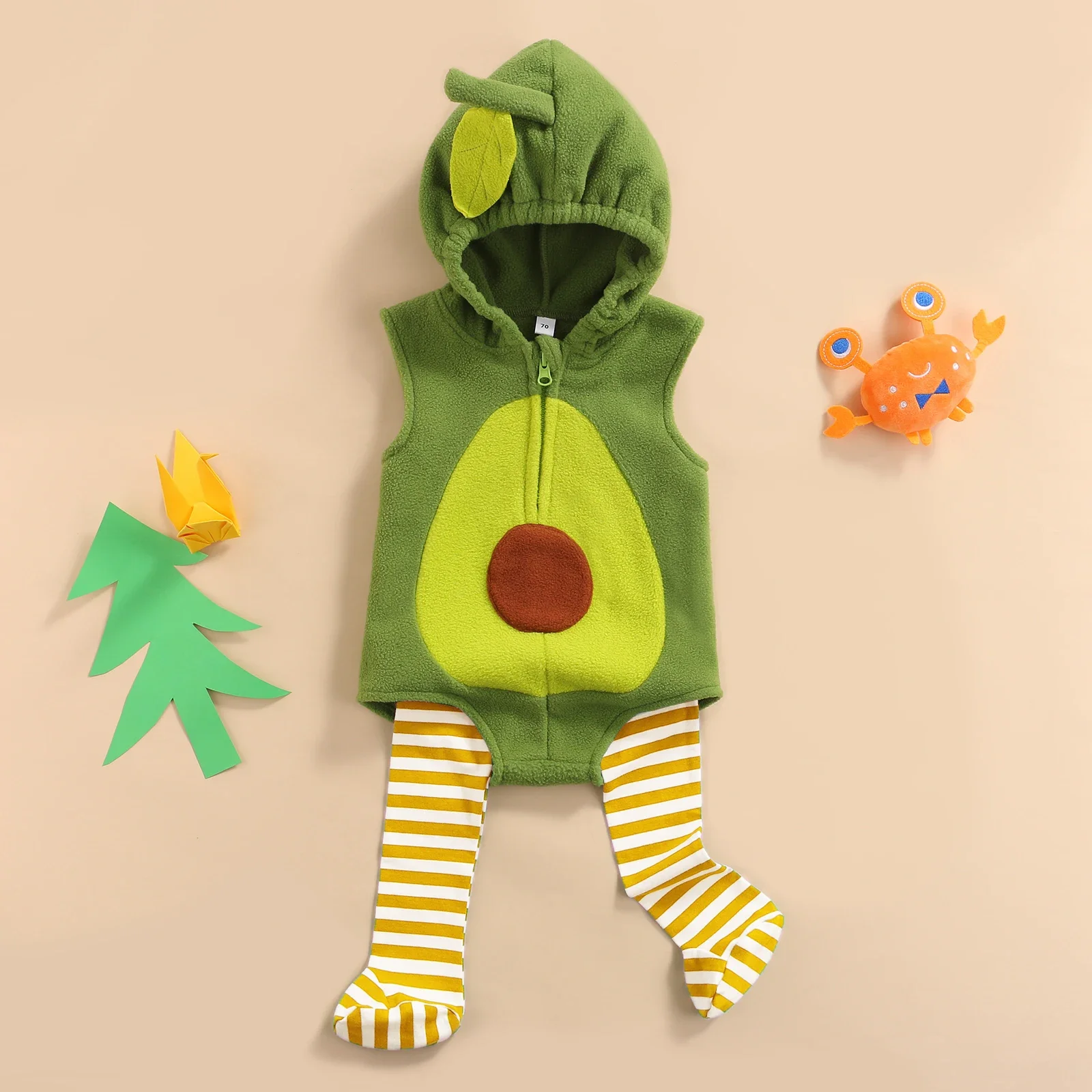 VISgogo Baby Girls Boys 2pcs Halloween Romper Clothes Avocado Sleeveless Zipper Hooded Jumpsuits+Striped Stockings Outfits 2