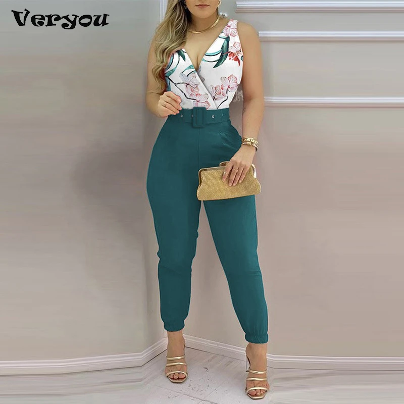 

2023 Women Fashion Elegant Sleeveless Partywear Jumpsuits Formal Office Lady WorkWear Casual V Neck Belted Jumpsuit