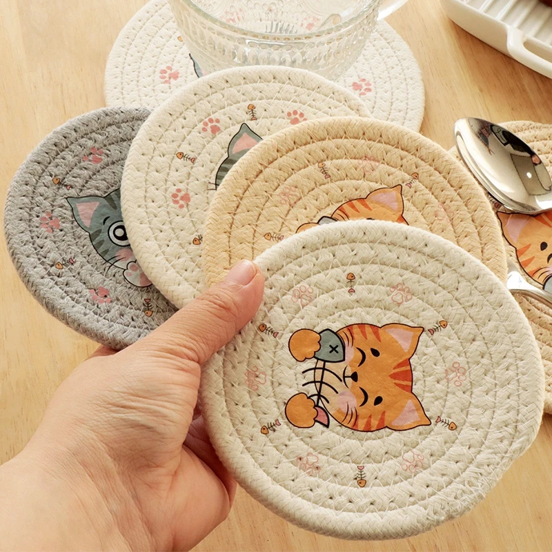 Description Picture 6 of itemJapanese-Style Ins Braided Insulation Table Mats Coasters Creative Cute Cartoon Kitten Coaster Bowl Mat Cotton Rope Placemat