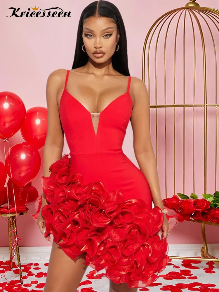 Kricesseen Elegant Sleeveless Ruffles Hem Mini Dress Glam Woman Red Fitted  Straps Short Party Dresses Birthday Outfits - AliExpress