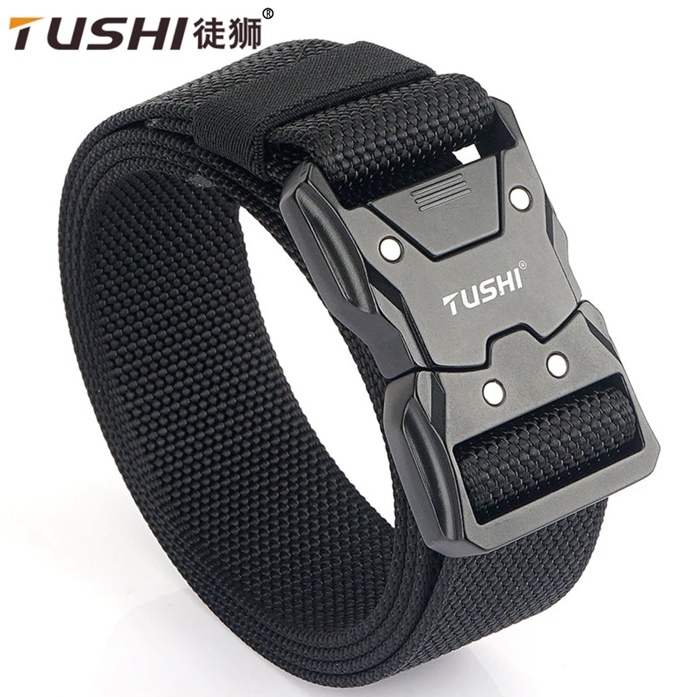 TUSHI New Unisex Elastic Belt Hard Alloy Quick Release Buckle Tough Stretch Nylon Men's Military Tactical Belt Work Accessories towyelorn quick release aluminium alloy pluggable buckle tactical belt elastic military belts for men stretch waistband hunting