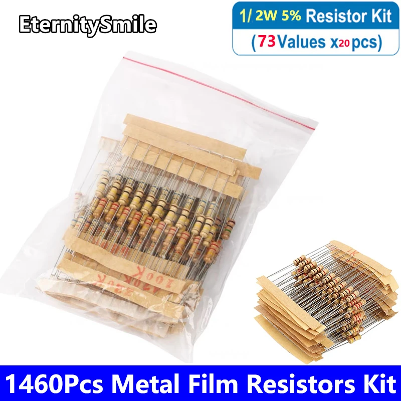 

1460Pcs/Pack 1/2W Carbon Film Resistor Assortment Kit Set 5% 73 value*10Pcs Resistors Kit 1R-150K-1Mohm Color Ring Resistance