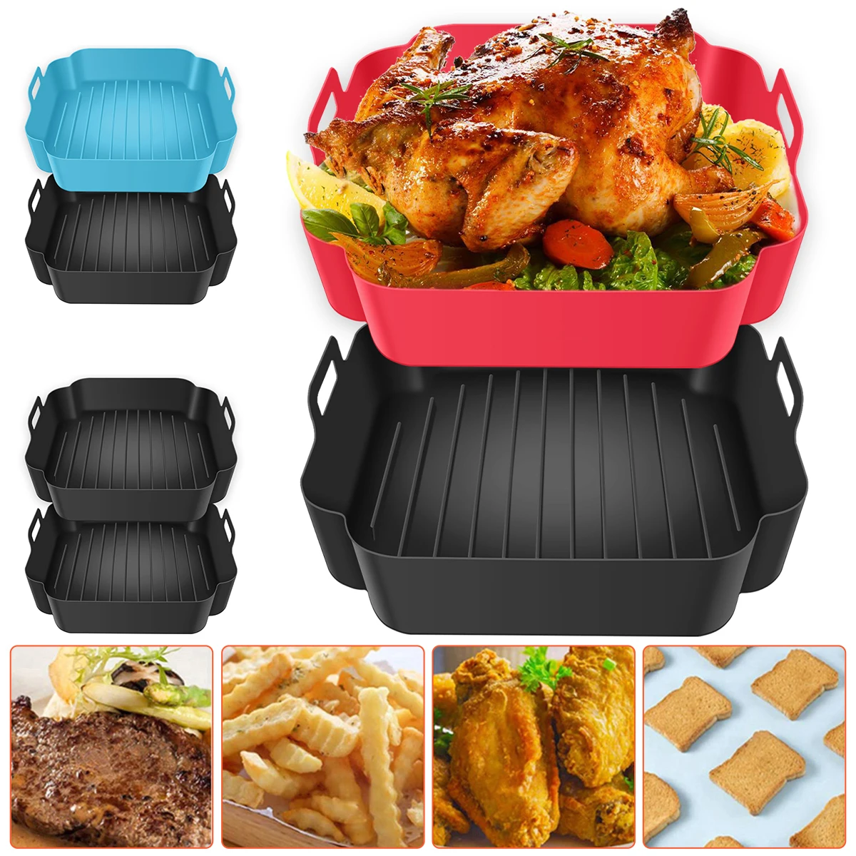 

2Pcs Air Fryer Silicone Pot with Handle Reusable Air Fryer Liner Heat Resistant Air Fryer Silicone Basket Square Baking Tray Air