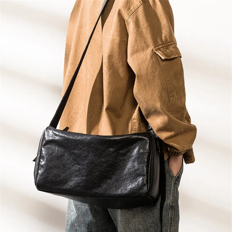 Simple casual luxury genuine leather men's black shoulder bag outdoor  weekend daily natural soft real cowhider crossbody bags