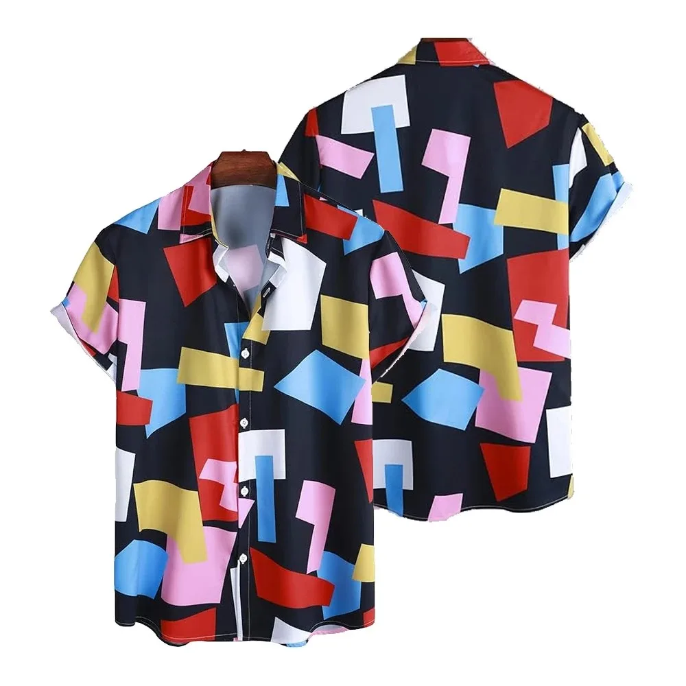 Geometric Color Block Print Button-up Shirt Summer Hawaiian Women Men Short Sleeve Party Beach Casual Shirts 2024