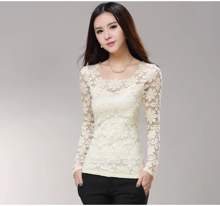 Plus size S-5XL New fashion Women's Lace Crochet Blouses Shirts Long Sleeve Sexy Tops Women Lace Blouse camisa feminina