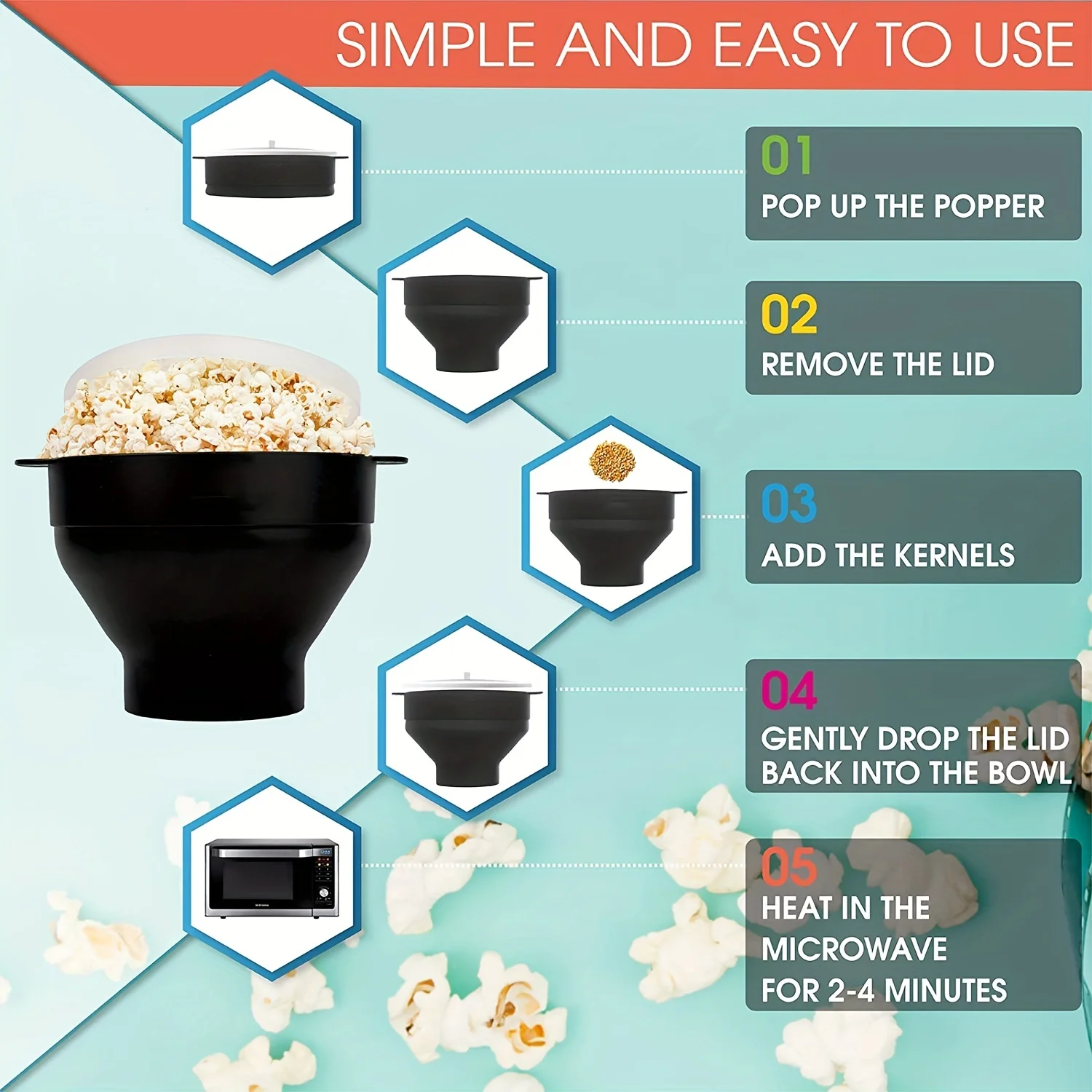 Premium Foldable Silicone Popcorn Maker - Food Grade, Easy DIY Popcorn Bowl with Lid