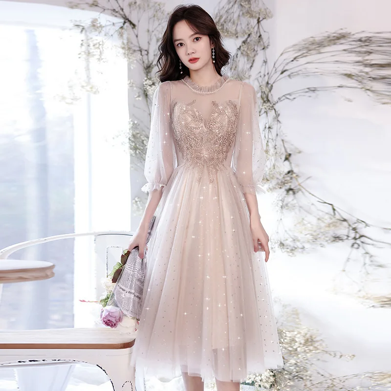 

Elegant Evening Dresses for Women Exquisite Appliques Pearls O-Neck Banquet Prom Gowns Autumn Long Sleeve Mermaid Dress