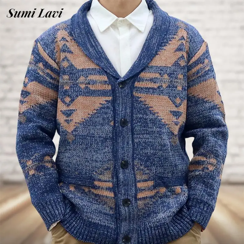 

Autumn Casual Turn-down Collar Sweater Jacket For Men Winter Vintage Geometric Jacquard Knitted Cardigans Mens Fashion Sweaters