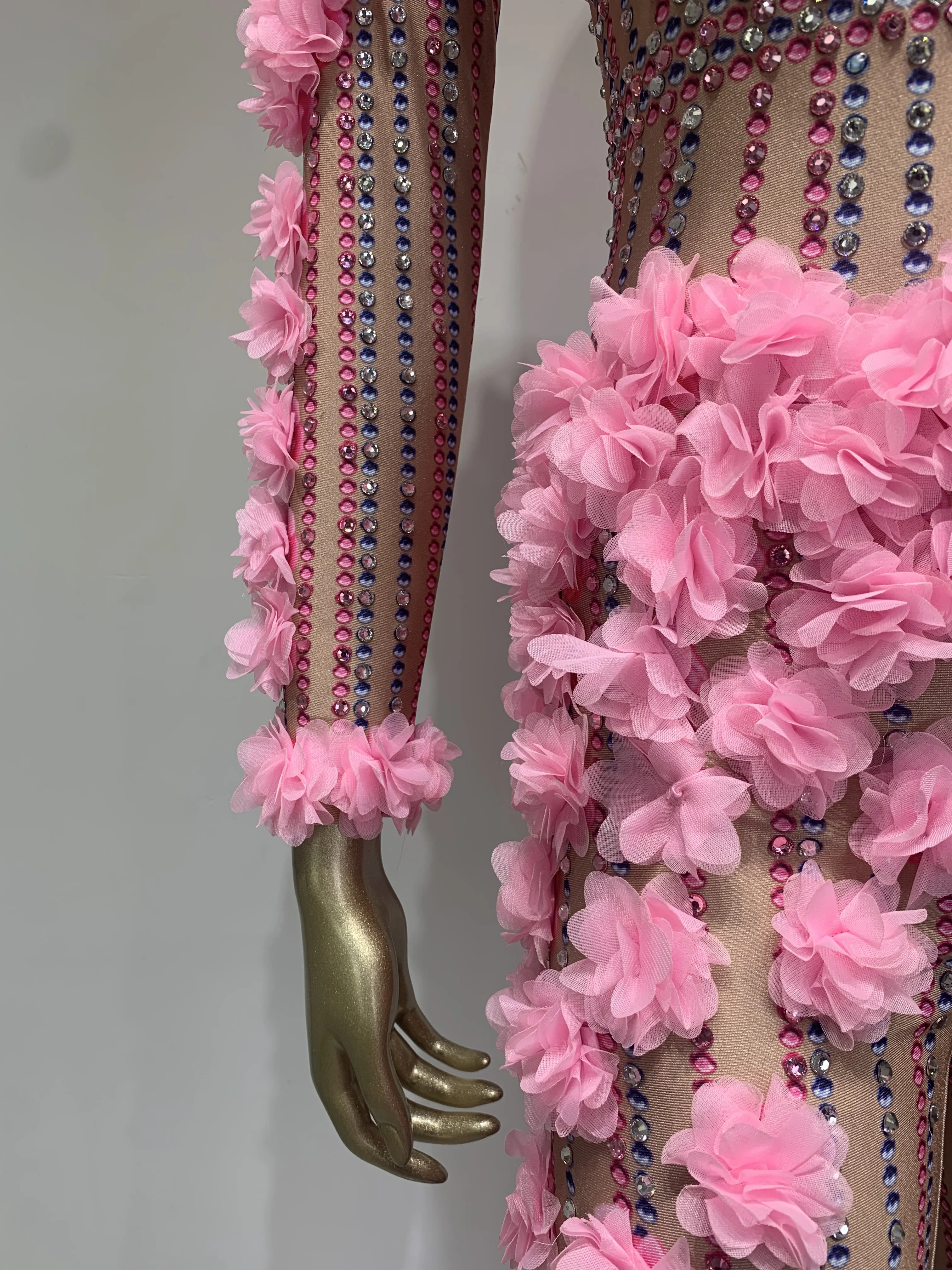 Women Pink Decal Crystal Diamond Stretching Bodysuit Birthday Party Bar Nightclub DJ Female Singer Stage Performance Costume
