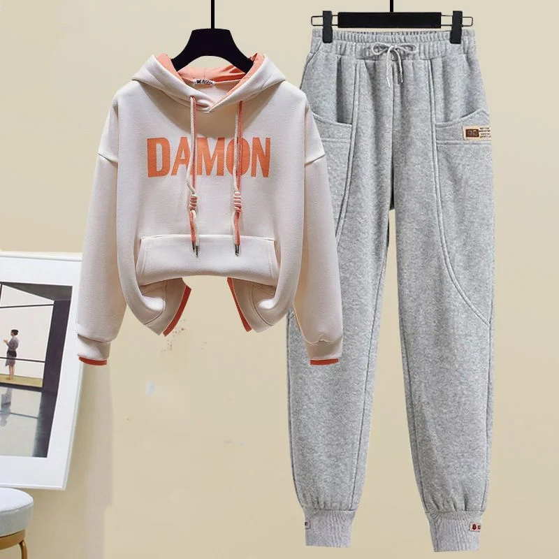 Autumn Winter Plush Insulation Outfits Women's 2023 Fashion Patchwork Hoodie+High Waisted Casual Thickened Pants Two Piece Set