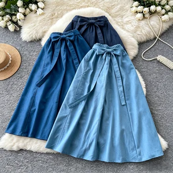 Jupe longue en jean élastique à taille nouée KAROFI pour femme, style coréen, coupe trapèze fluide, décontractée, ample, vintage, bleue, maxi