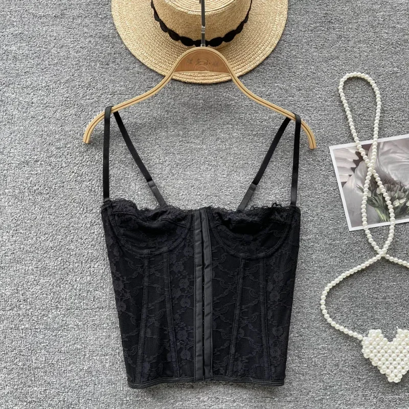Women Camisole Tops Skinny Backless Multi-color Embroidery Lace Spaghetti Strap Fishbone