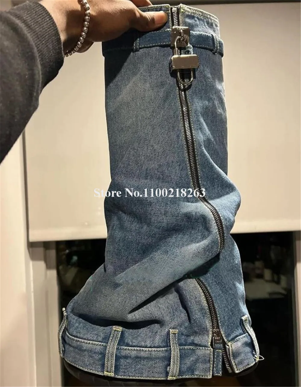 

Women Sexy Blue Denim Padlocks Thick Bottom Knee High Boots Newest Round Toe Double Folded Jean Long Boots Winter Boots