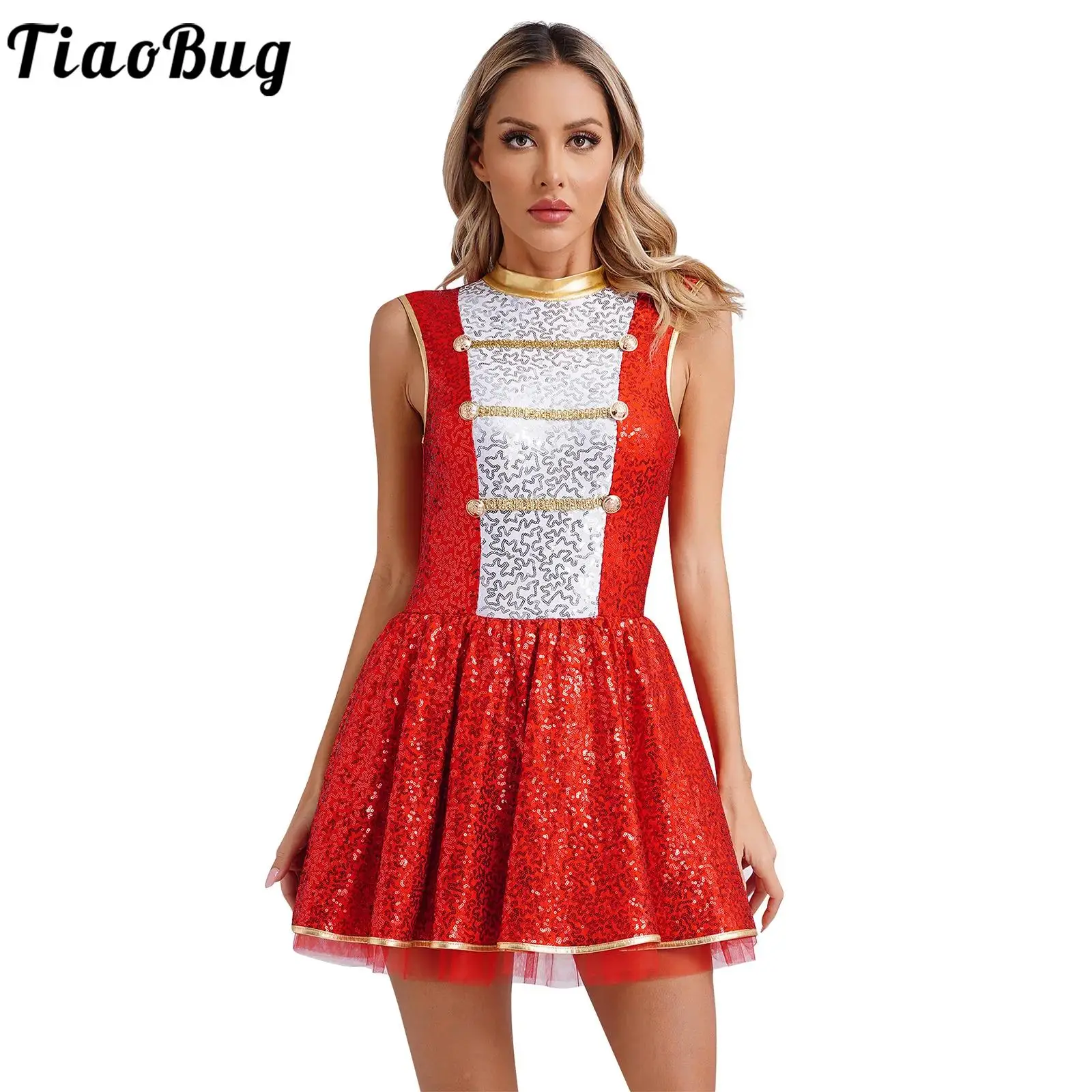 Womens Halloween Circus Ringmaster Sequins Dress Sleeveless Back Cutout Tutu Dress Clown Dress Up Cosplay Costumes
