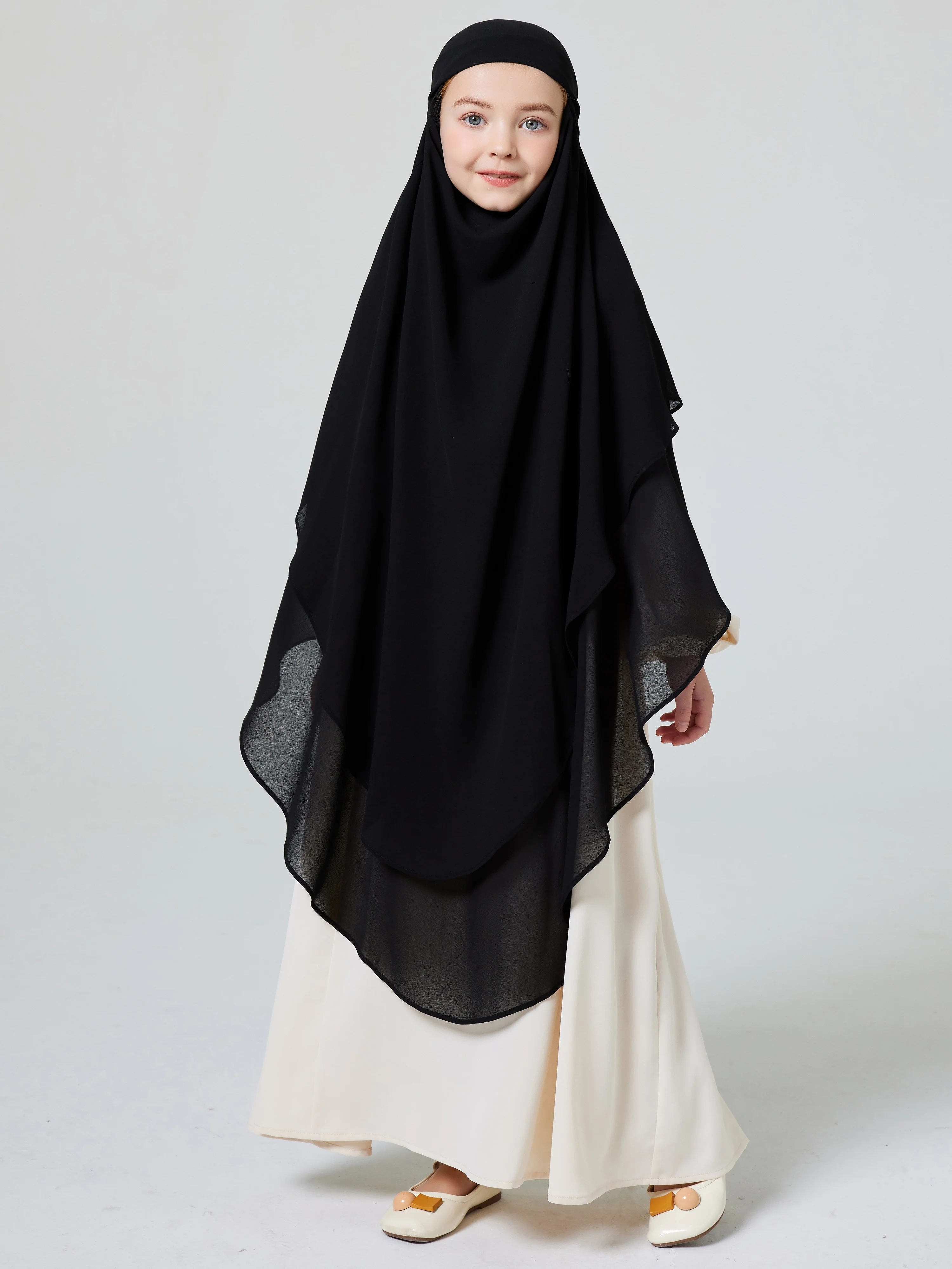 Ramadan Middle Eastern Muslim Girls Hijab Button Front and Back Double Chiffon Big Circle Swing Khimar