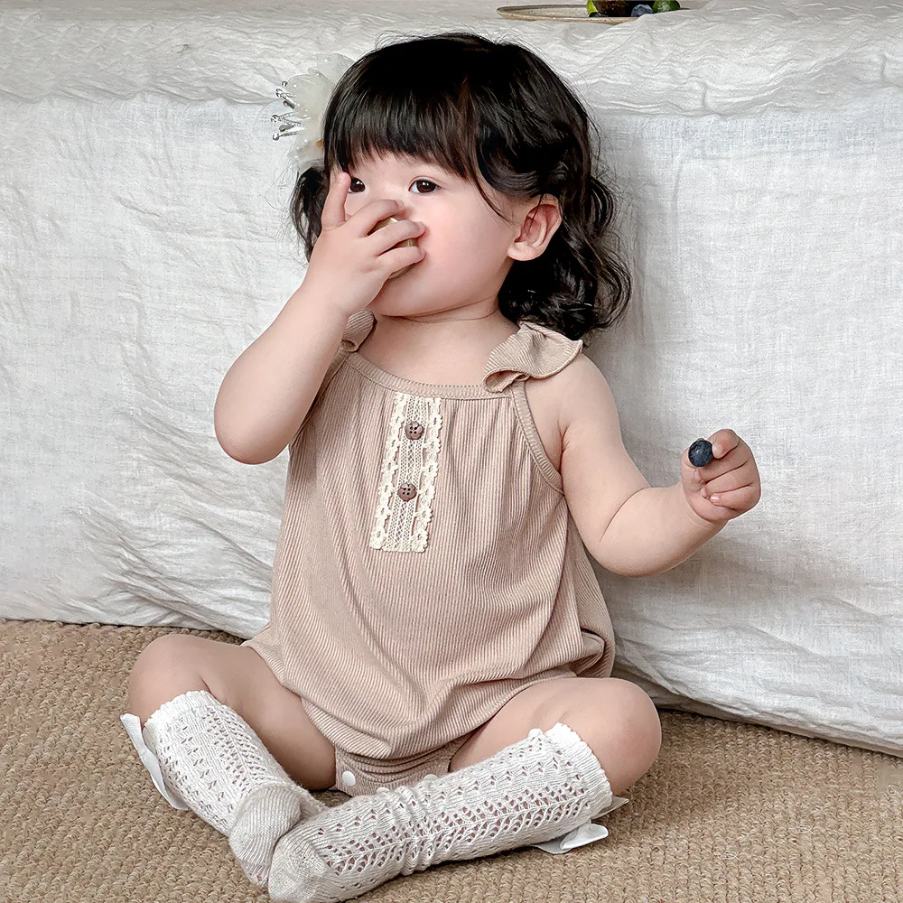 Baby Clothing Korean Style Summer Romper Girl Thin Casual Simple Sweet Solid Color Lace Sleeveless Girls Comfortable Romper