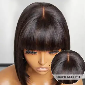 2x1 Straight Bob Lace Closure Wigs with Bangs For Women Brazilian Hair Short Straight Wig With Realistic Scalp On Top 8-14 Inch 1