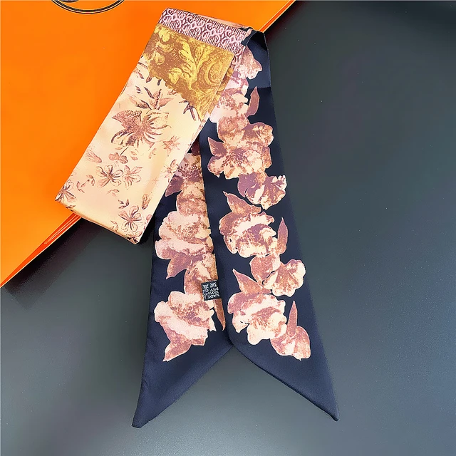 Silk Long Woman Small Scarf Luxury Brand Flower Printing Printed Long Bag  Female Skinny Ribbons Wraps Tie Decoration