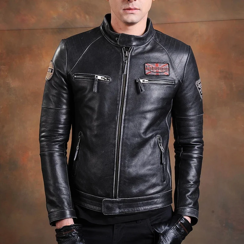 

Jackets Fashion Vintage Men's Genuine Jacket Slim 100% Natural Cowhide Coat Real Leather Motorcycle Biker Clothing