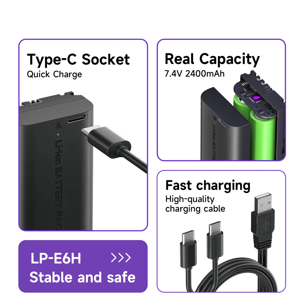 Rechargeable Batteries Type-C LP E6 LPE6 LP-E6 2400mAh LP-E6N Battery for Canon EOS 5DS R 5D Mark II 5D Mark III 6D 7D 80D 90D EOS 5DS R Camera