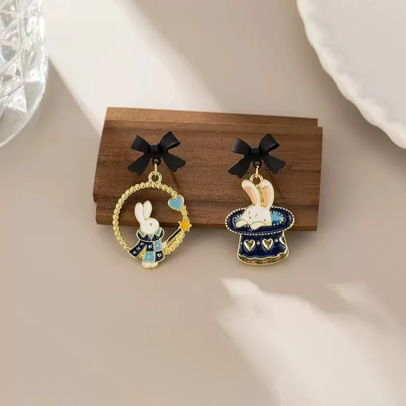Cartoon Rabbit Bow Stud Earrings for Women Girls Cute Asymmetric Enamel Earring Jewelry Accessory Party Gifts