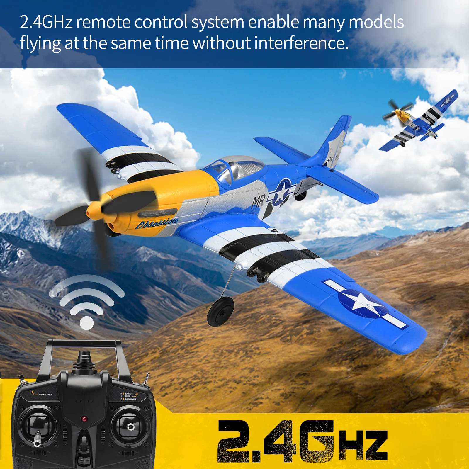 P51 Mustang 400MM RC Airplane 2.4G 4CH 6 Axis RTF One Key Aerobatic RC Aircraft with Xpilot Stabilization Warbird Plane