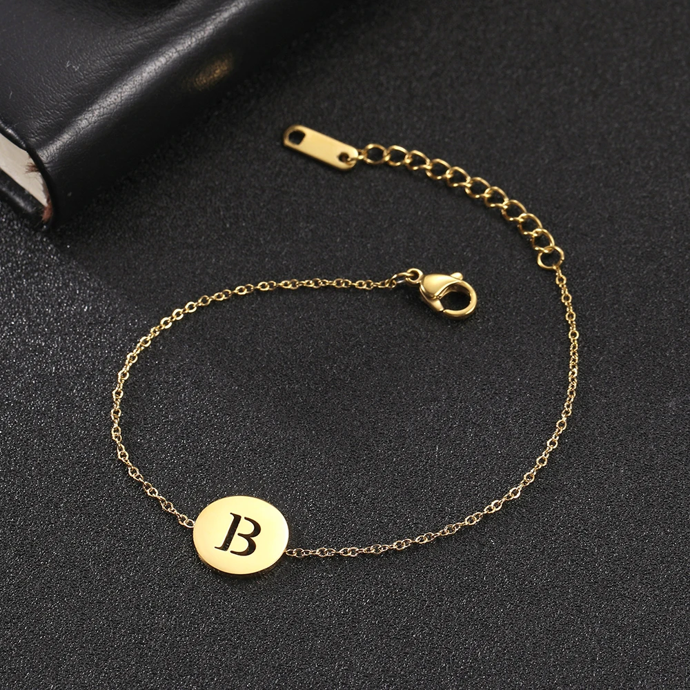 Hollow Alphabet A-Z Round Pendant Bracelets Stainless Steel Bracelets for Men Women Trend Jewelry for Party Gift (17+5CM)
