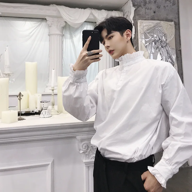 Vintage Palace White Ruffle Men Shirt Long Sleeve Tuxedo Shirt Party Club Evening Punk Gothic Formal Spring Autumn Blouses