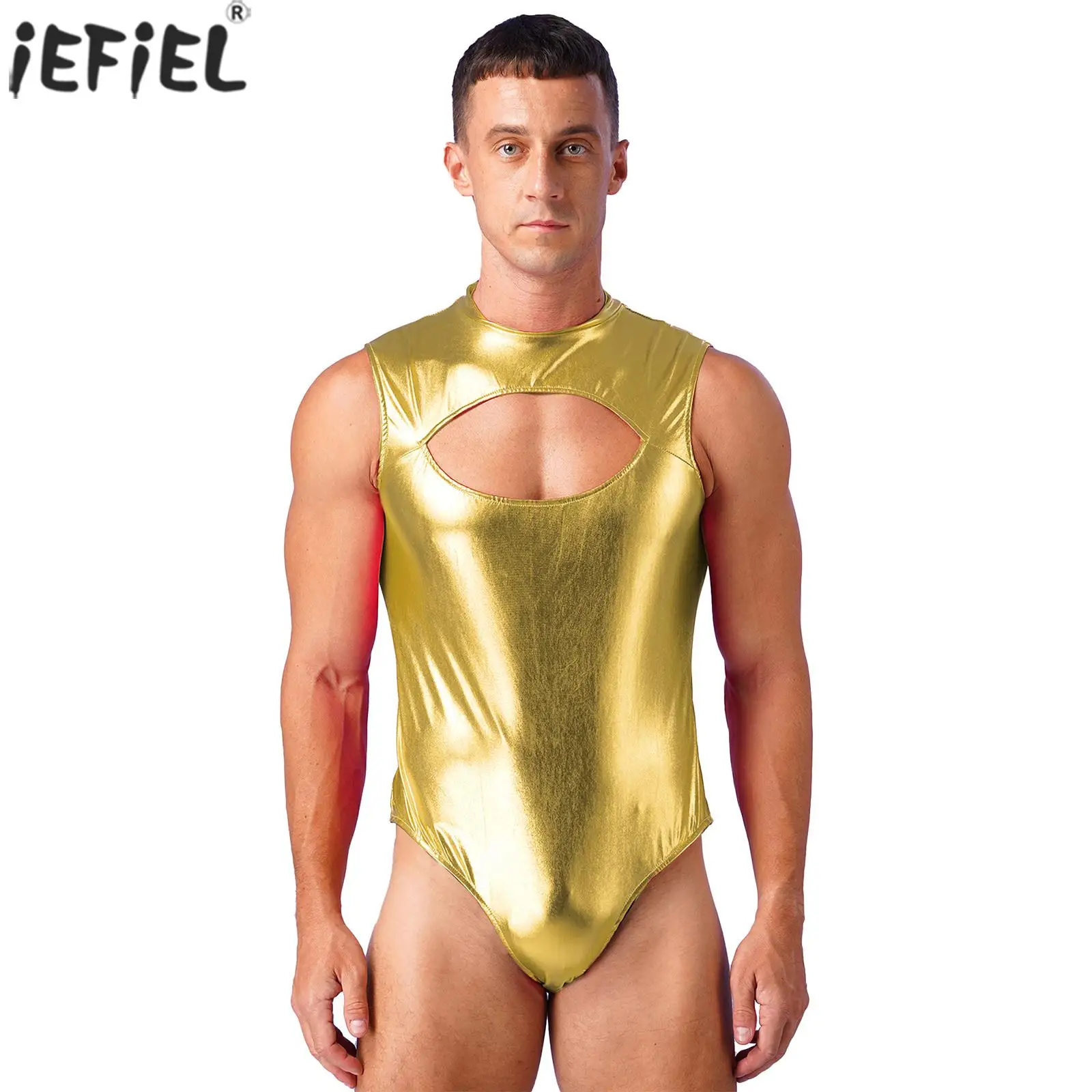 

Mens Shiny Metallic Cutout Bodysuit Sleeveless Zipper Leotard Jumpsuit Summer Pool Party Swimwear Nightclub Dance Wear Costume