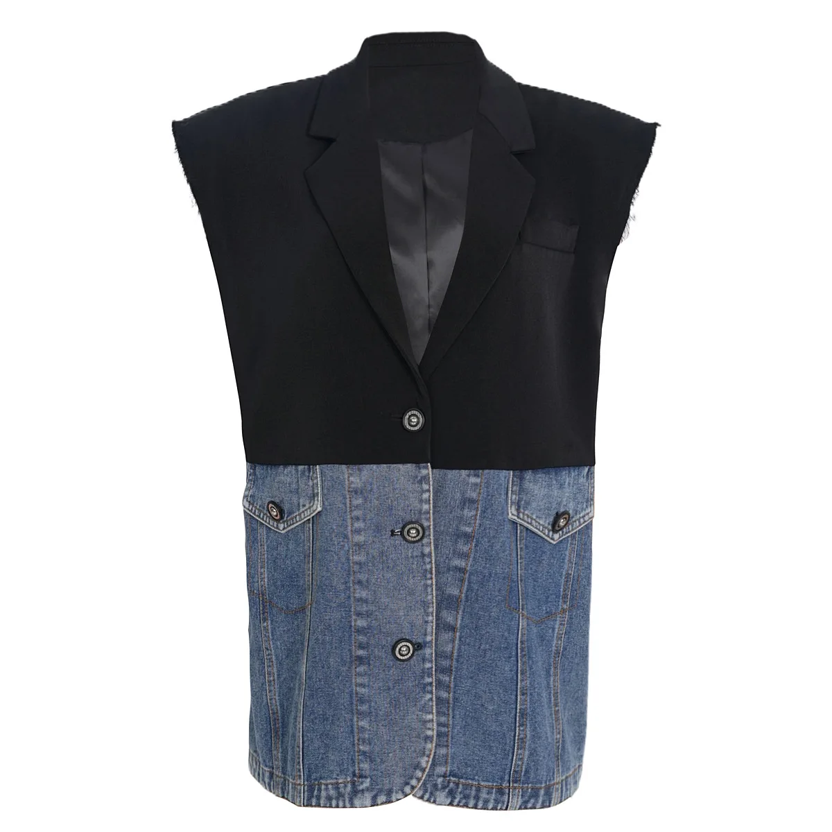 

Women Loose Fit Blue Denim Color-block Big Size Casuual Vest New Lapel Sleeveless Fashion Tide Spring Autumn