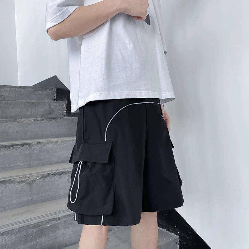 Men Reflective Article Pocket Chic Design Shorts Loose Cargo Handsome Moto Biker Punk Yamamoto Style Shorts High Street Shorts