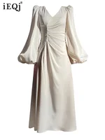 فستان نسائي كلاسيكي فرنسي من IEQJ بأكمام طويلة وفتحة رقبة على شكل حرف v مطرز بألوان سادة فساتين نسائية موضة صيف 2023 جديد 3W1191 1