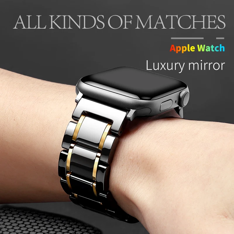 Ceramic Strap For Apple Watch Band 45mm 44mm 42mm 41mm 40mm 49mm Stainless Steel Bracelet for iwatch Ultra 9 8 7 6 5 4 SE Correa
