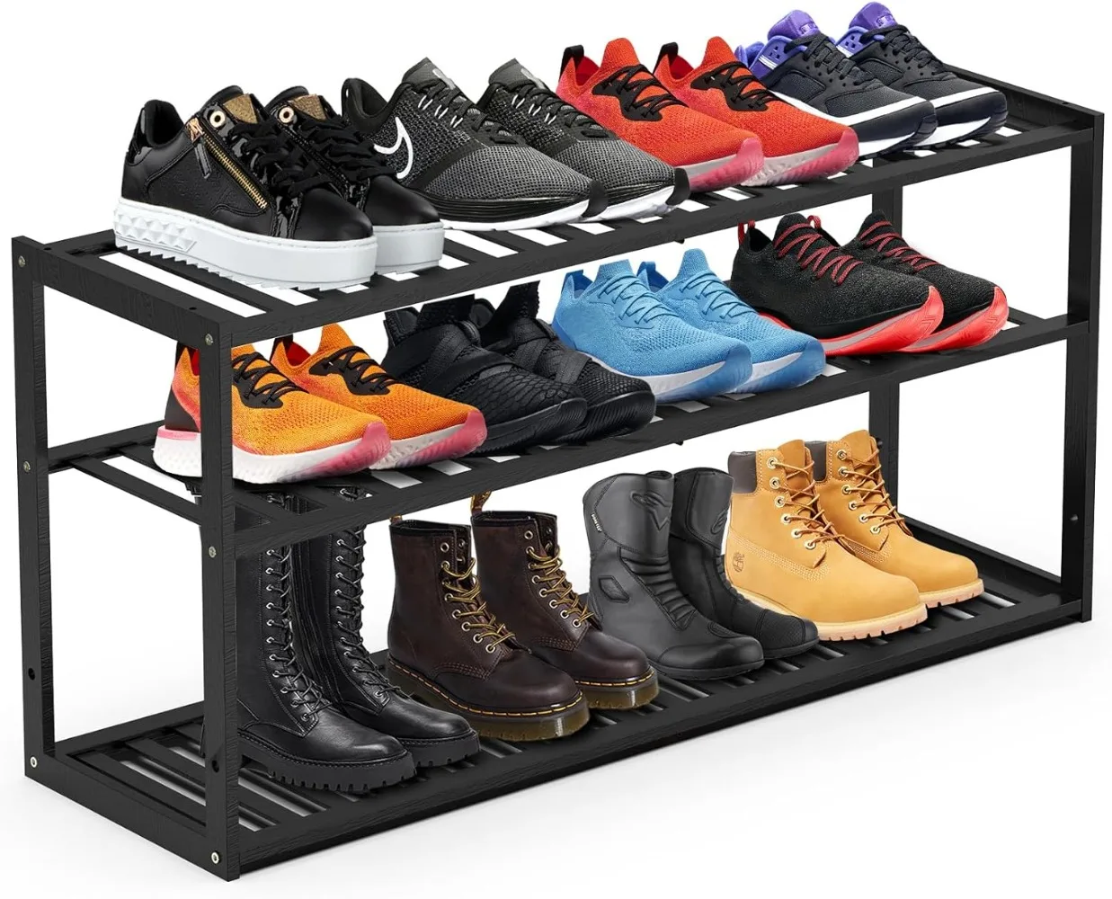 Bamboo Shoe Rack for Closet, Stackable 3 Tier Longer Shoe Organizer Shelf Holder Storage 12-15 Pairs