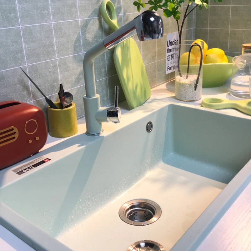 

Fresh Mint Green Quartz Stone Large Single Sink Kitchen Vegetable Basin