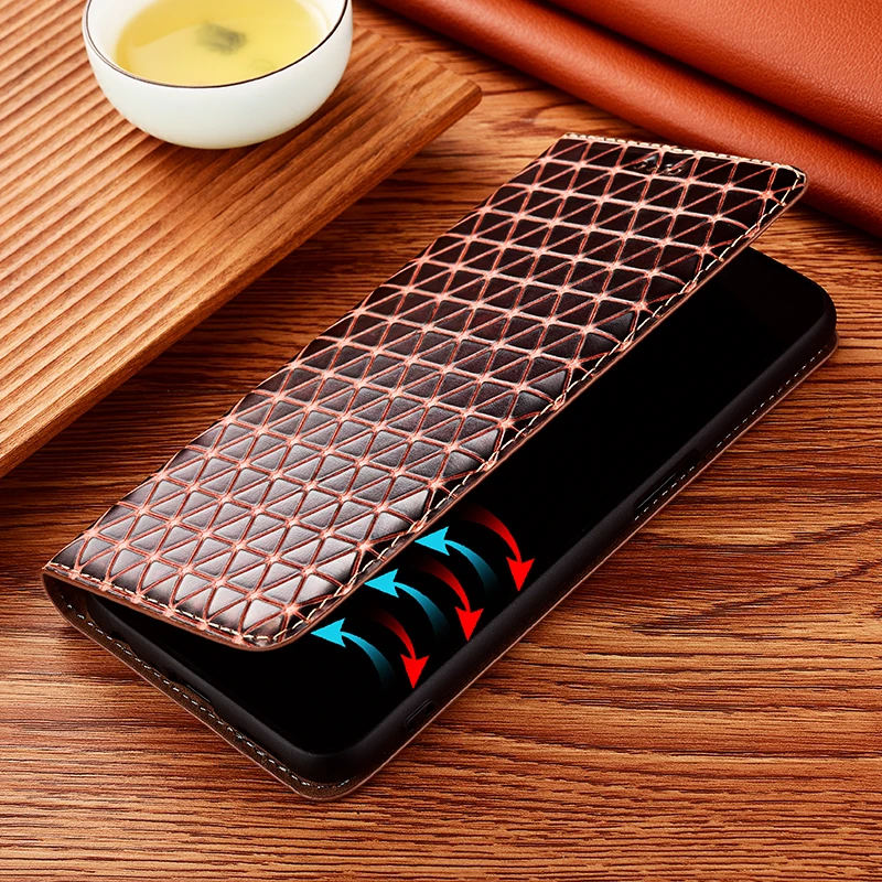Grid Pattern Genuine Leather Magnetic Flip Phone Case For Samsung Galaxy M42 M51 M52 M62 Xcover 4 Xcover 5 6 Pro 2 Wallet Cover