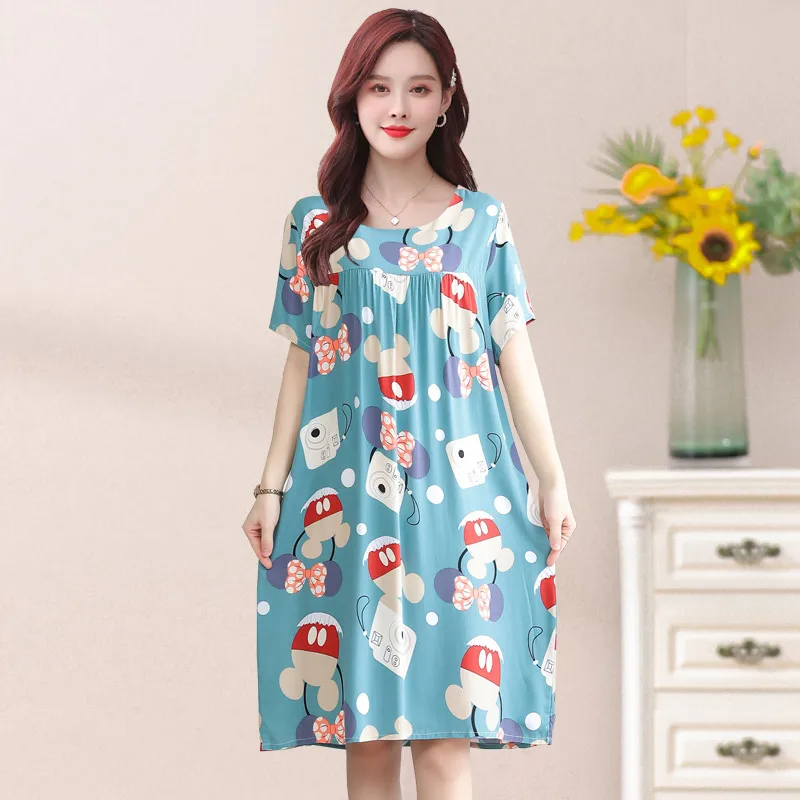 UHYTGF Cotton Silk Summer Pajamas Dress Women's Short Sleeve Pullover Large Swing Nightdress Female Home Clothes Sleepwear 2360
