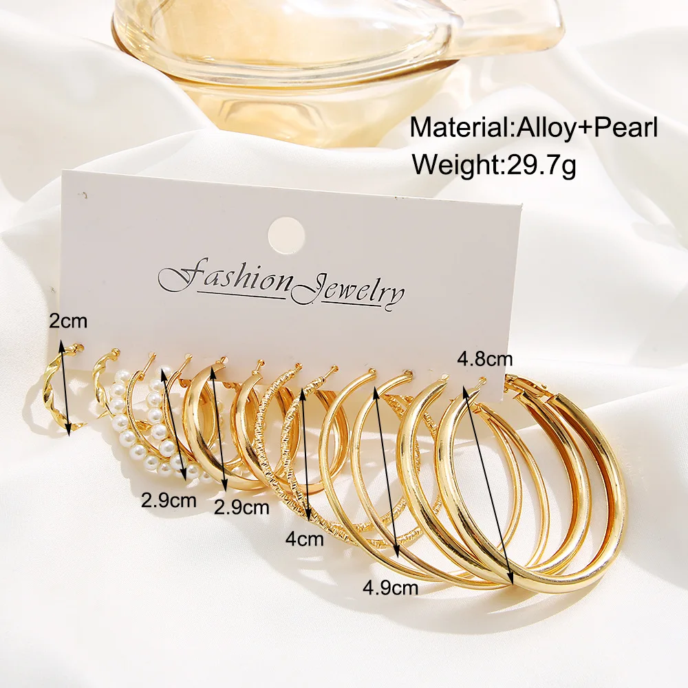 LATS Boho Big Circle Hoop Earring Set for Women Gold Color Bohemia Vintage Pearl Square Earring Heart Zircon Ear Studs Jewelry 5