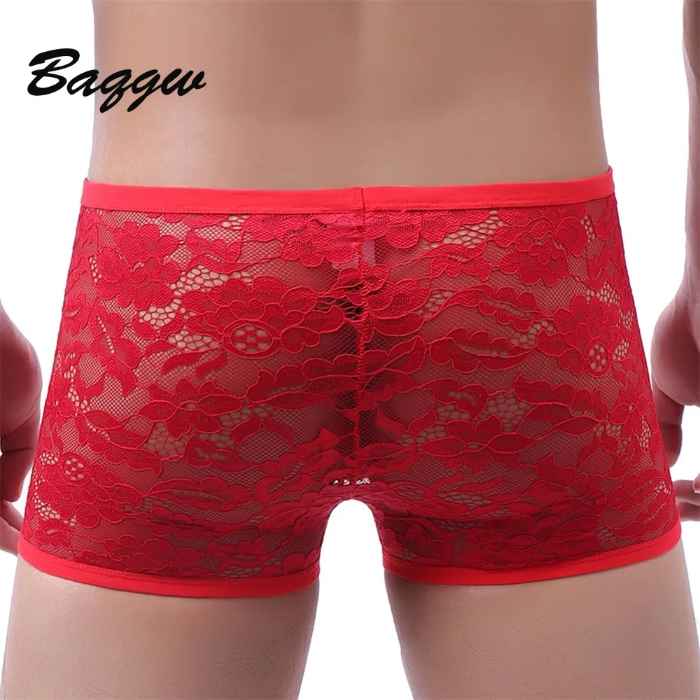Sexy Men's See Through Lace Hollow Out Boxer Briefs Stretch Skinny Cross-dresser Hornier Gay Erotic Seduction Porno Male Costume