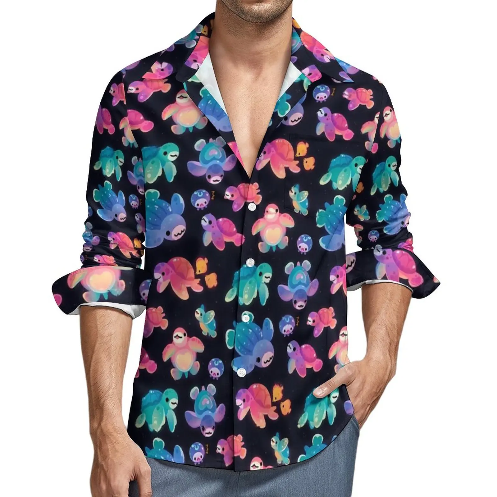 

Cute Sea Turtle Shirt Men Colorful Animal Casual Shirts Spring Streetwear Graphic Blouses Long Sleeve Vintage Oversize Top Gift