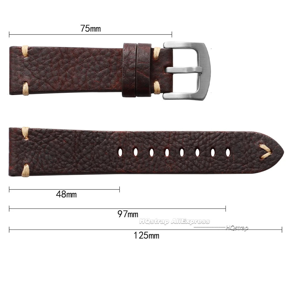 Vintage Genuine Cowhide Leather Watch Band with Handmade Stitching