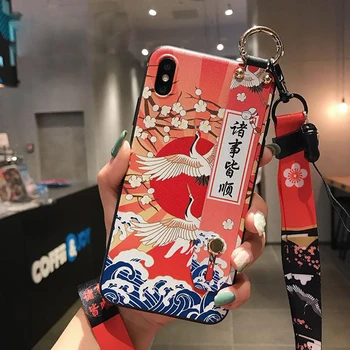 kawaii japanese crane phone case with holder and lanyard