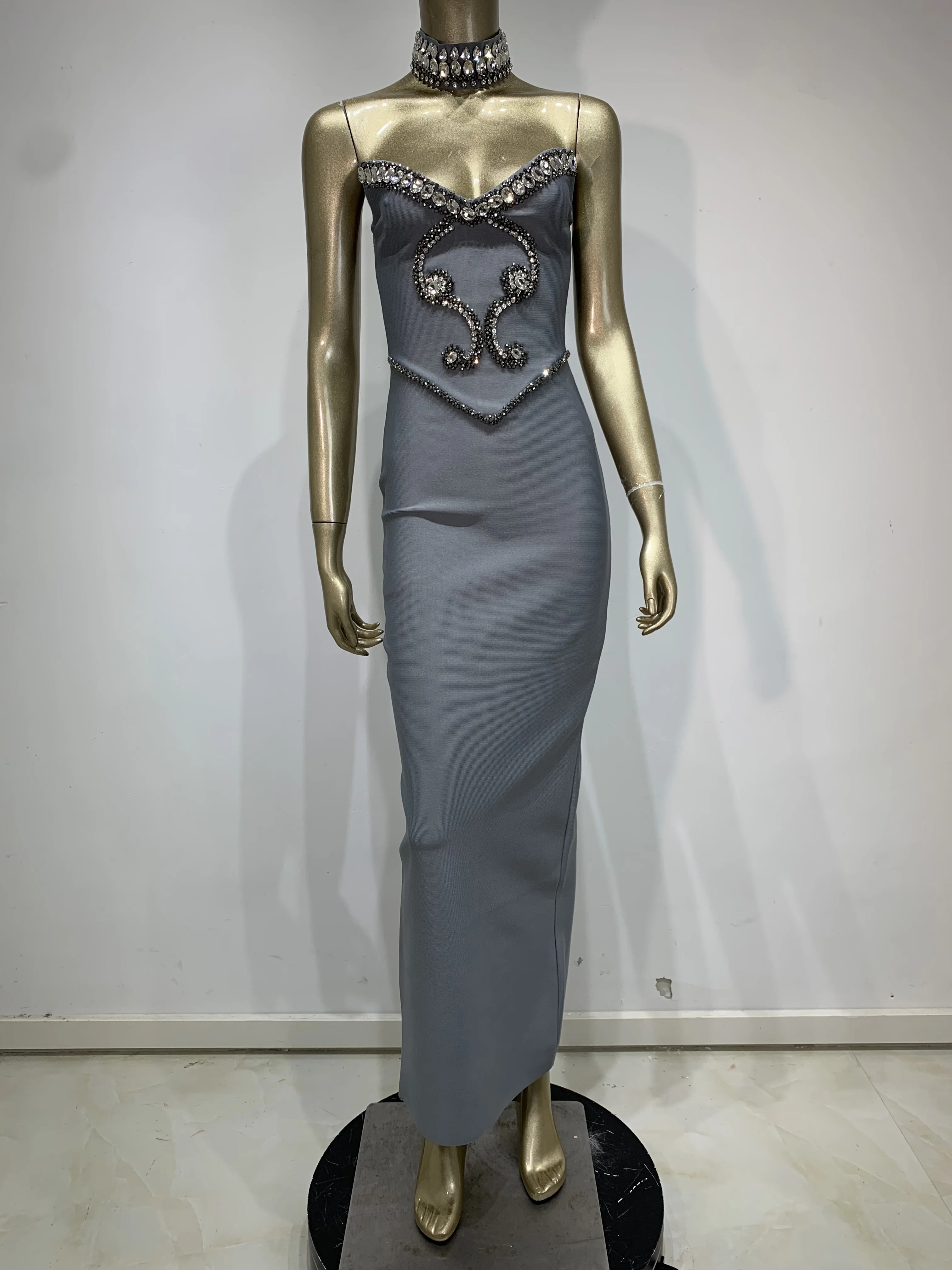 Top Quality Women Sexy Strapless Beading Gray Maxi Long Bodycon Bandage Dress  2025 Elegant Evening Club Party Dress