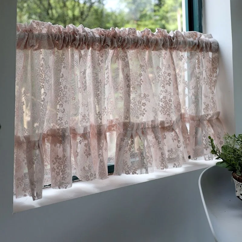 Korean/Japanese Pink Lace Short Curtains Korea Pastoral Flowers Half Curtains for Kitchen Valance #A358 6