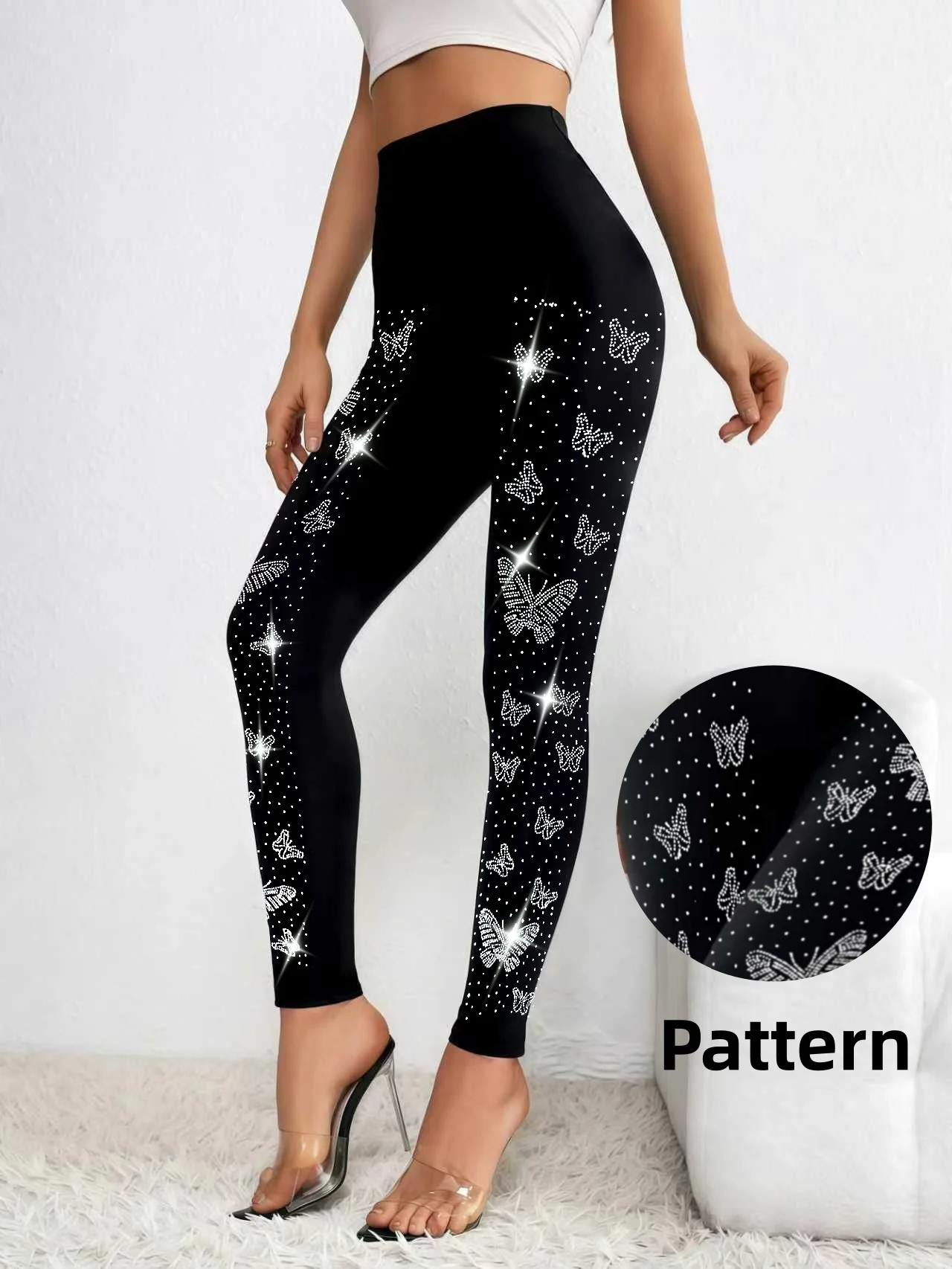 Women's High Waisted Rhinestone Butterfly Leggings Sparkly Crystal Bling Embellished Yoga Pants Sexy Slim Fit Tights Black 3