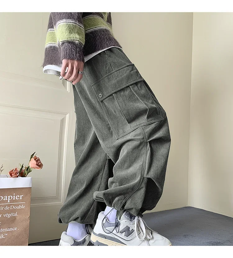 New Autumn Winter Corduroy Pants Men Fashion Oversize Pocket Cargo Trousers Streetwear Hip Hop Loose Straight Pants Male Joggers