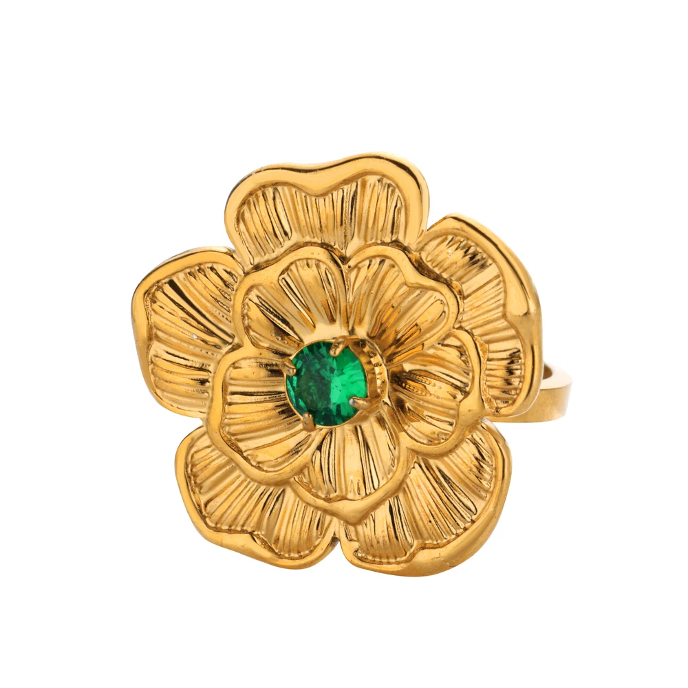 Green Zircon Flower Open Rings For Women Gold Color Stainless Steel Ring