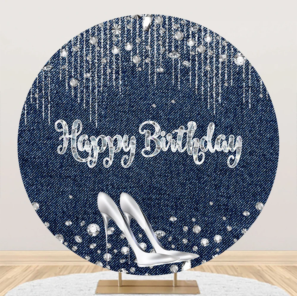 

Laeacco Happy Birthday Party Round Backdrop Denim Diamonds Crystal Shoes Girl Women Portrait Customized Photography Background